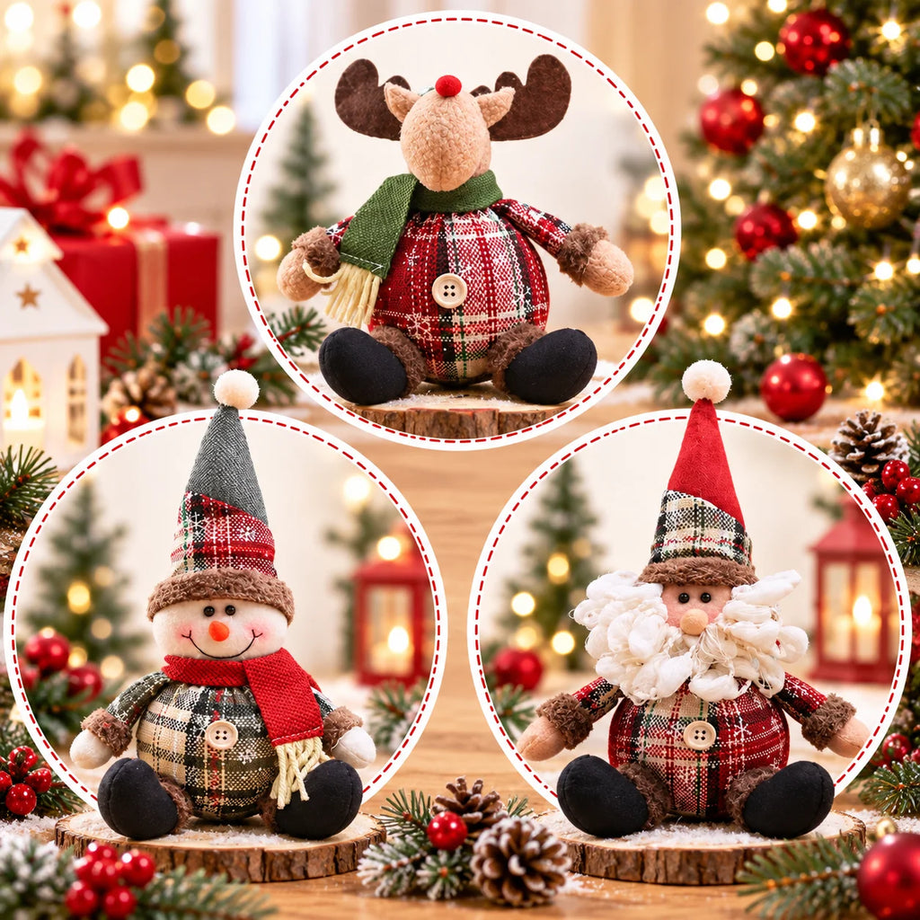 Decorative Christmas figurines: reindeer, Santa Claus, and snowman
