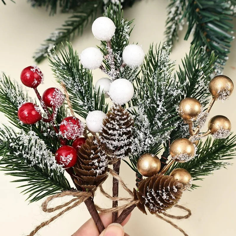 1/20x Snowflake Pine Cone Berry Branch Artificial Red Berry Pine Needle DIY Wreath Fake Flowers Home Party Christmas Decoration