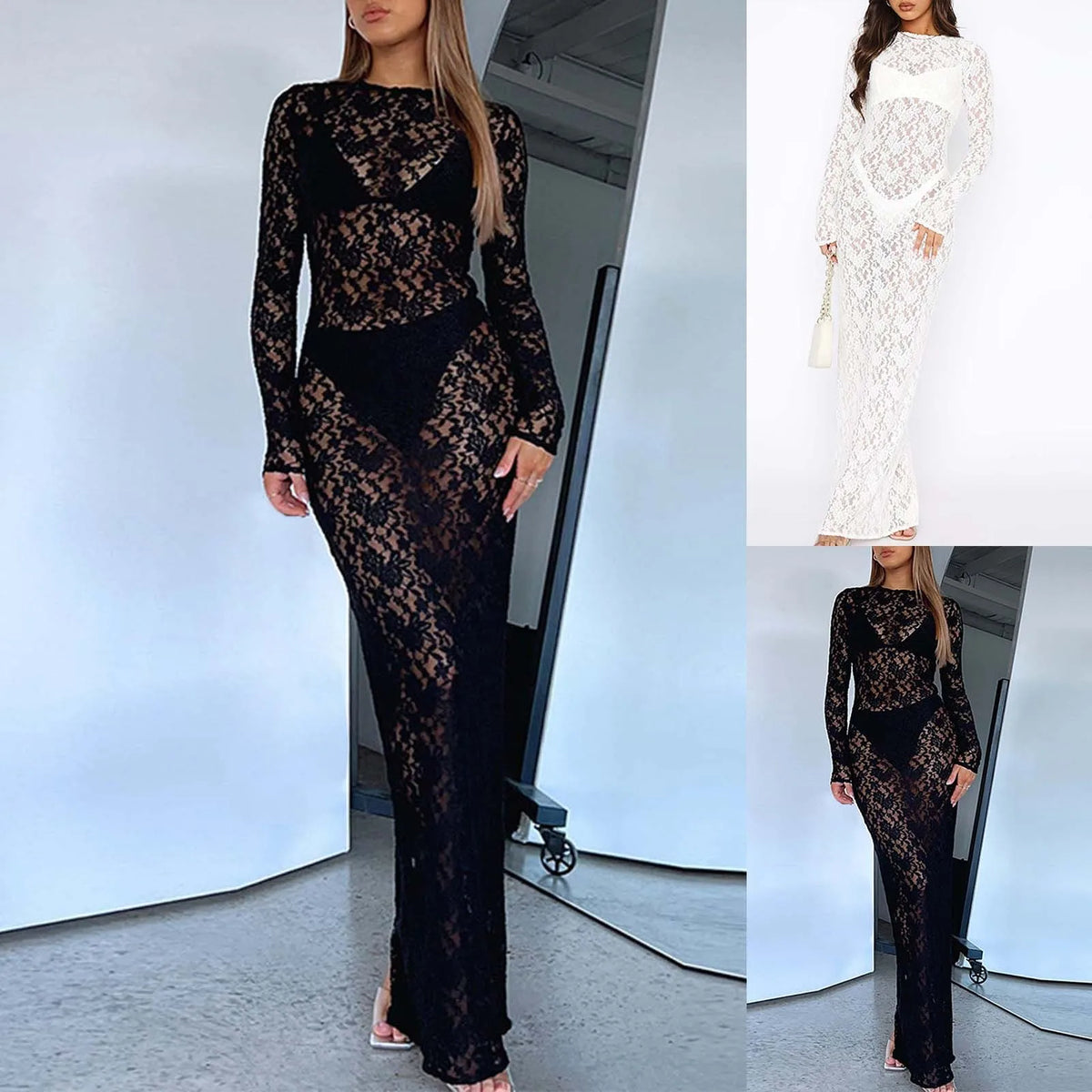 Abito in pizzo da donna con scollo rotondo