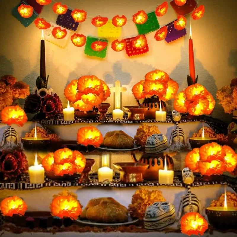5 Ft LED Orange Marigold Garland Lights for Day of The Dead Halloween Diwali Christmas Party Home Decoration