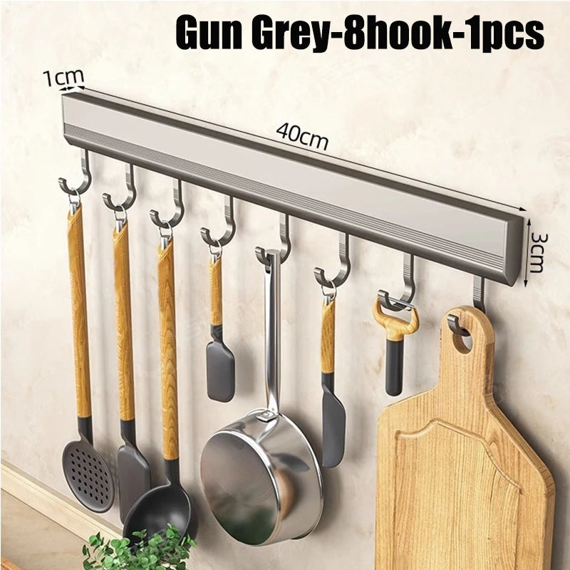 Estante de almacenamiento de cocina de aleación de aluminio con ganchos, montado en la pared, para utensilios de cocina, batas y toallas