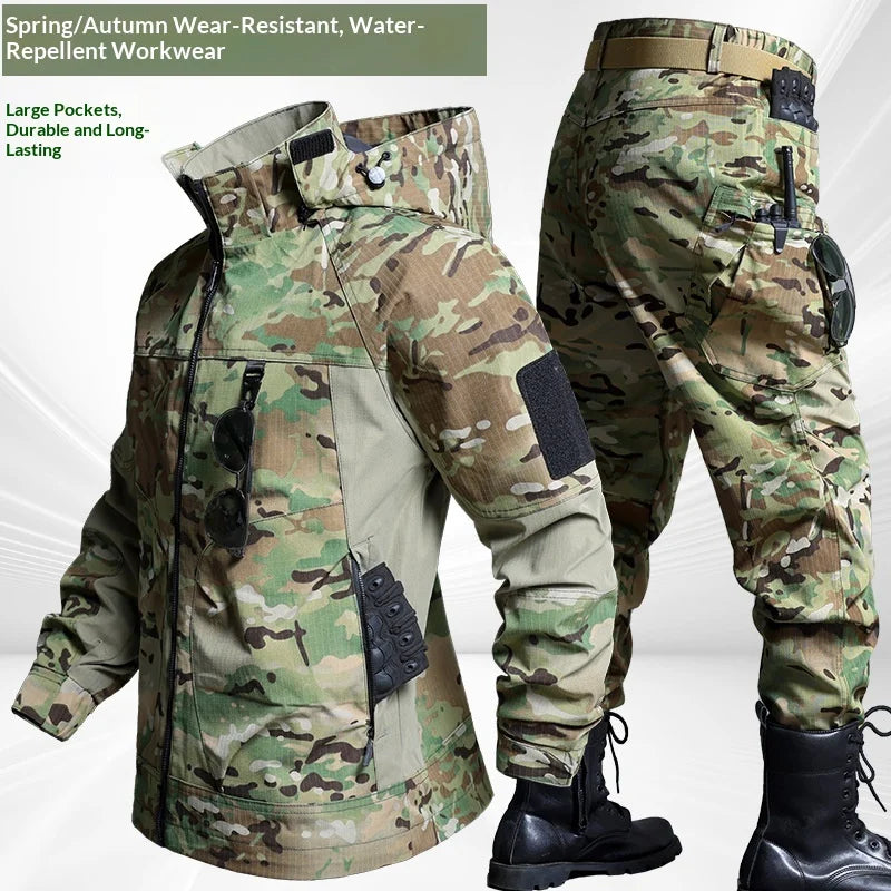 Men's Tactical Camouflage Workwear Set Loose Fit Jacket and Pants Windproof Breathable Outdoor Uniform for Spring Autumn