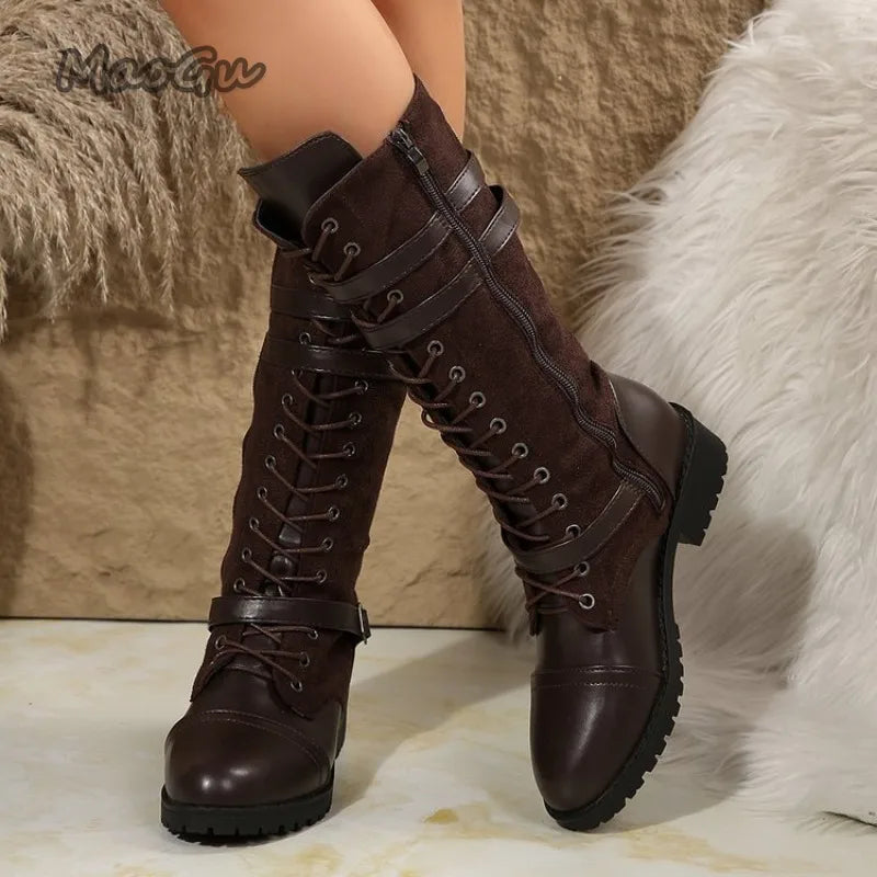 Women's Plus Size 35-43 Chunky Heel Lace Up Riding Boots Mid Calf Leather Boots Round Toe Autumn Fashion Cowgirls Shoes Side Zip