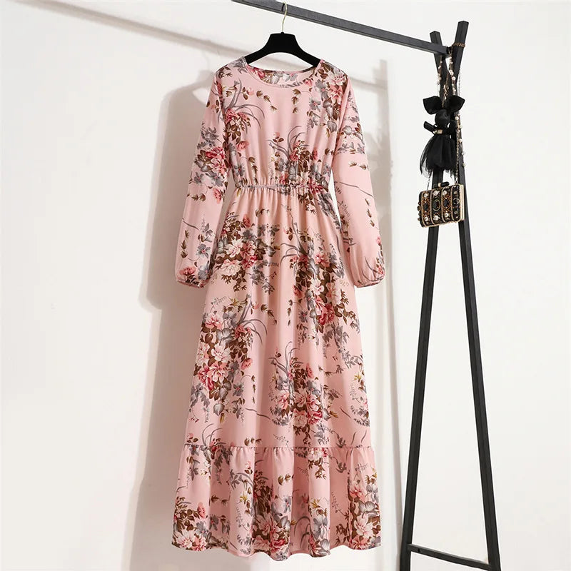 Abito lungo floreale da donna con scollo rotondo