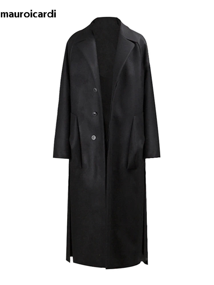 Mauroicardi Autumn Winter Extra Long Black Oversized Soft Wool & Blends Coat Men Single Breasted Luxury Designer Fashion 2023
