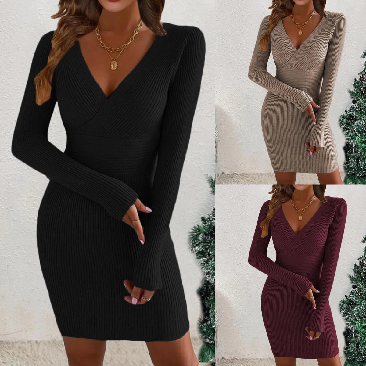 Abito in maglia aderente da donna a maniche lunghe