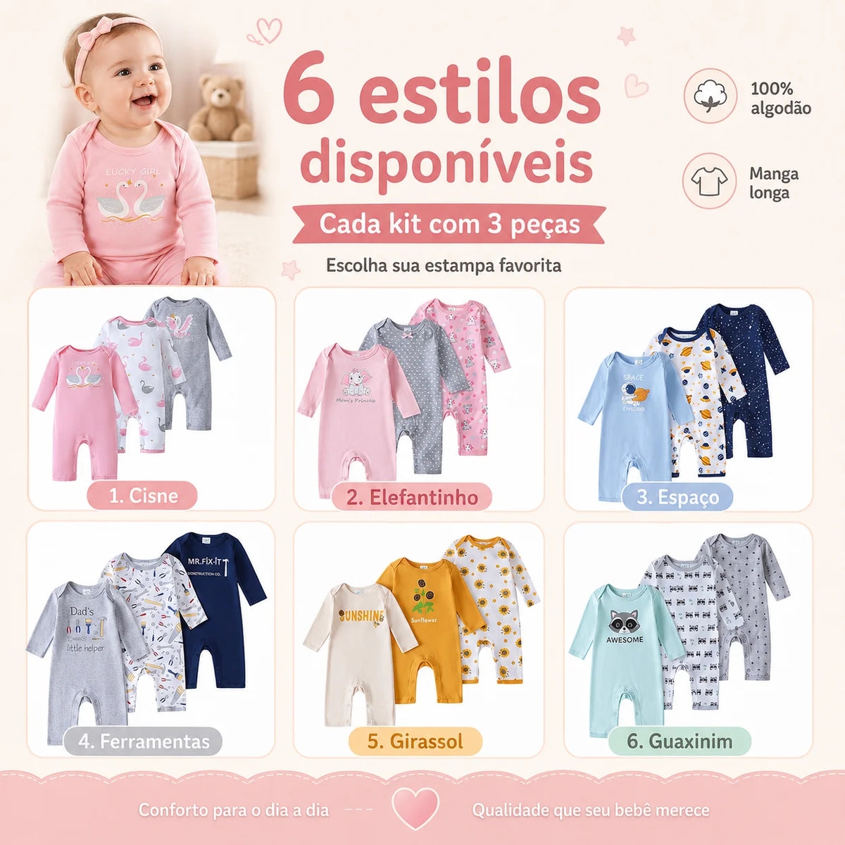 Set da 3 tutine neonato a maniche lunghe