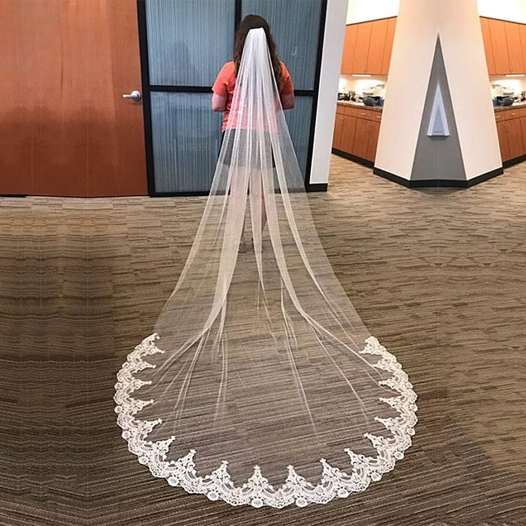 Hot Sale Elegant Flower Lace Edged Appliques Veil with Comb 1 Tier Veil 3mx1.5m Long Cathedral Length Wedding Bride Accessories