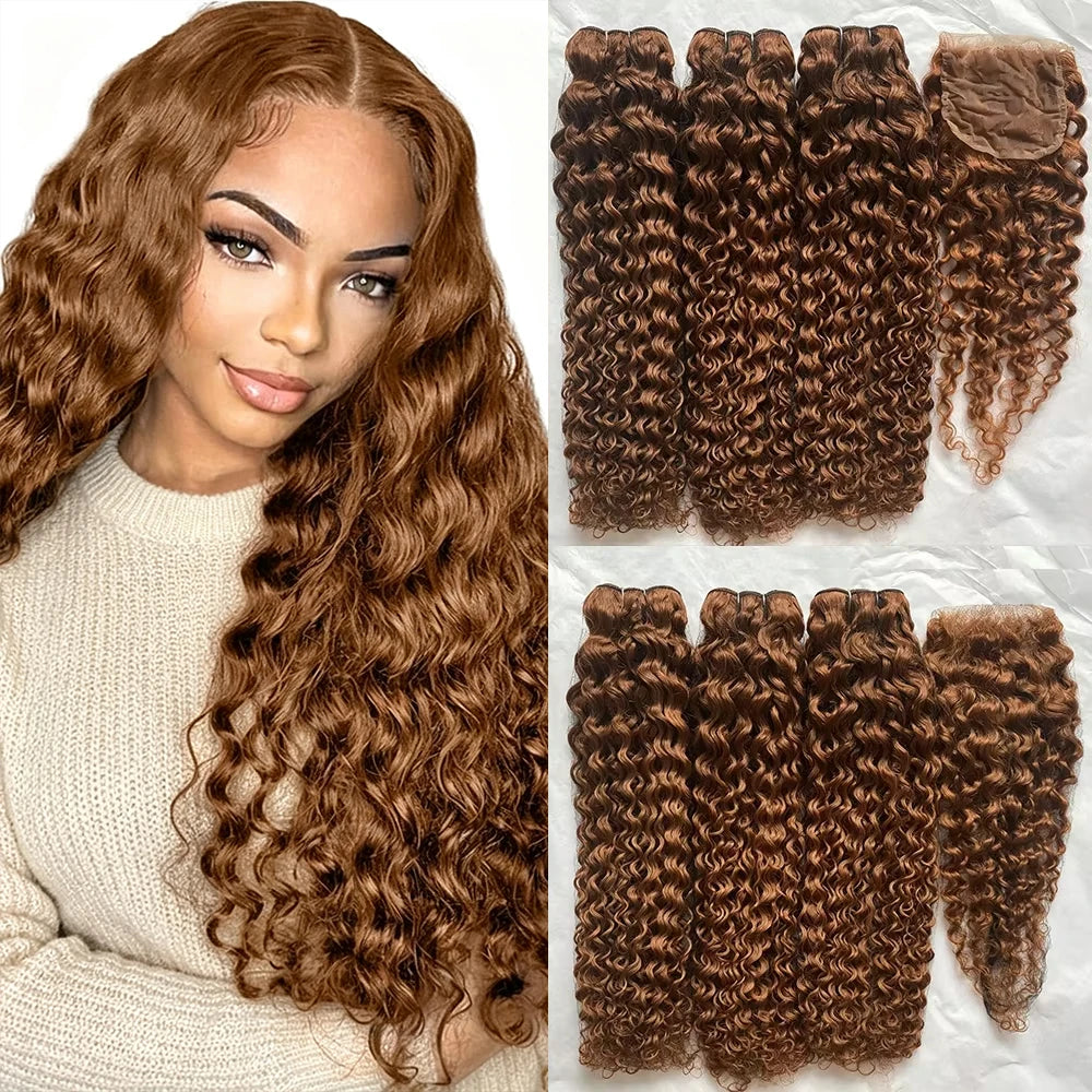 #4 Chocolate Brown Colored Water Wave Human Hair Bundles With HD Transparent Lace Closure Frontal Wet and Wavy Weave Deep Curly Wave Human Hair Extensions for Black Women