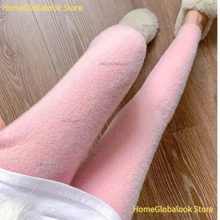 Pantalones rectos de terciopelo de visón rosa para mujer, leggings térmicos de felpa con cintura alta elástica, pantalones casuales de punto para usar en el exterior, parte inferior cálida para otoño e invierno