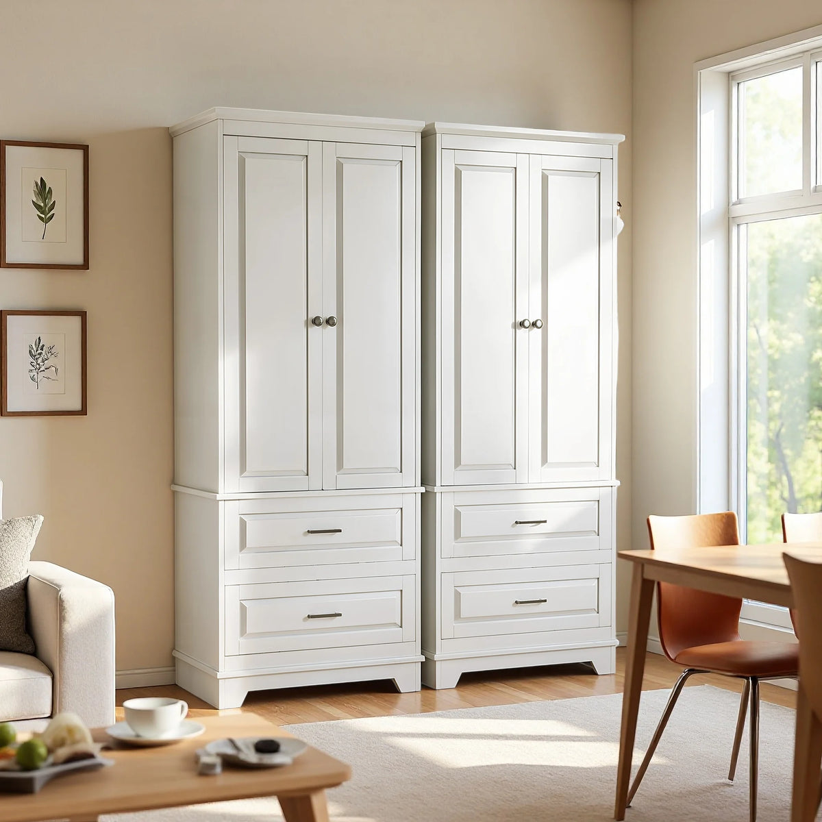 Comanlai moderner weißer Aufbewahrungsschrank 157 x 60 x 40 cm, multifunktionaler Holzschrank mit 2 Türen und 2 unteren Schubladen, einfach aufzubauendes Bücherregal und Ablagesystem für Wohnzimmer, Schlafzimmer, Küche, Badezimmer und Büro