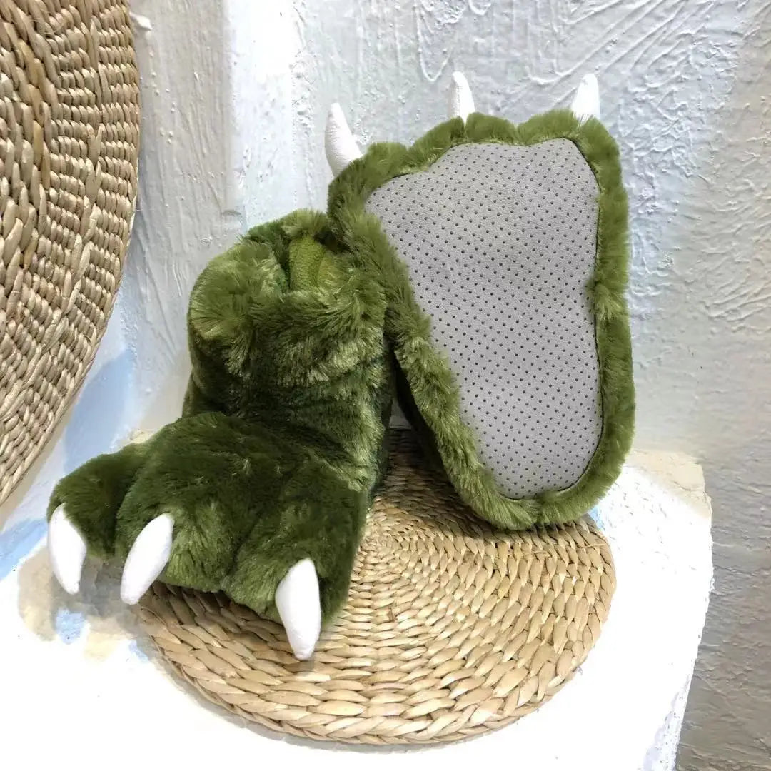 Novelty Green Fluffy Slippers for Women, Designer Animal Paw Fur Slides, High-Top Soft Warm Indoor Slippers, Cartoon Cosplay
