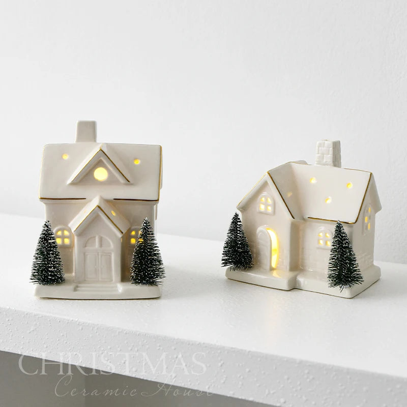 1pc Ceramic Light Up Snow House Christmas Ornament LED Cottage Xmas Tree Table Centerpiece Holiday Party Scene Decor Gift