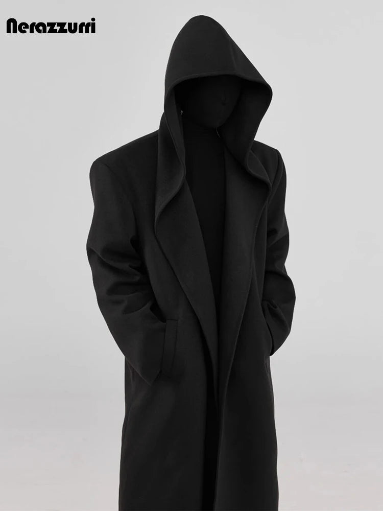 Nerazzurri Autumn Winter Extra Long Warm Black Soft Wool Blends Coat Men with Hood Luxury Woolen Overcoat Dark Academia Clothes