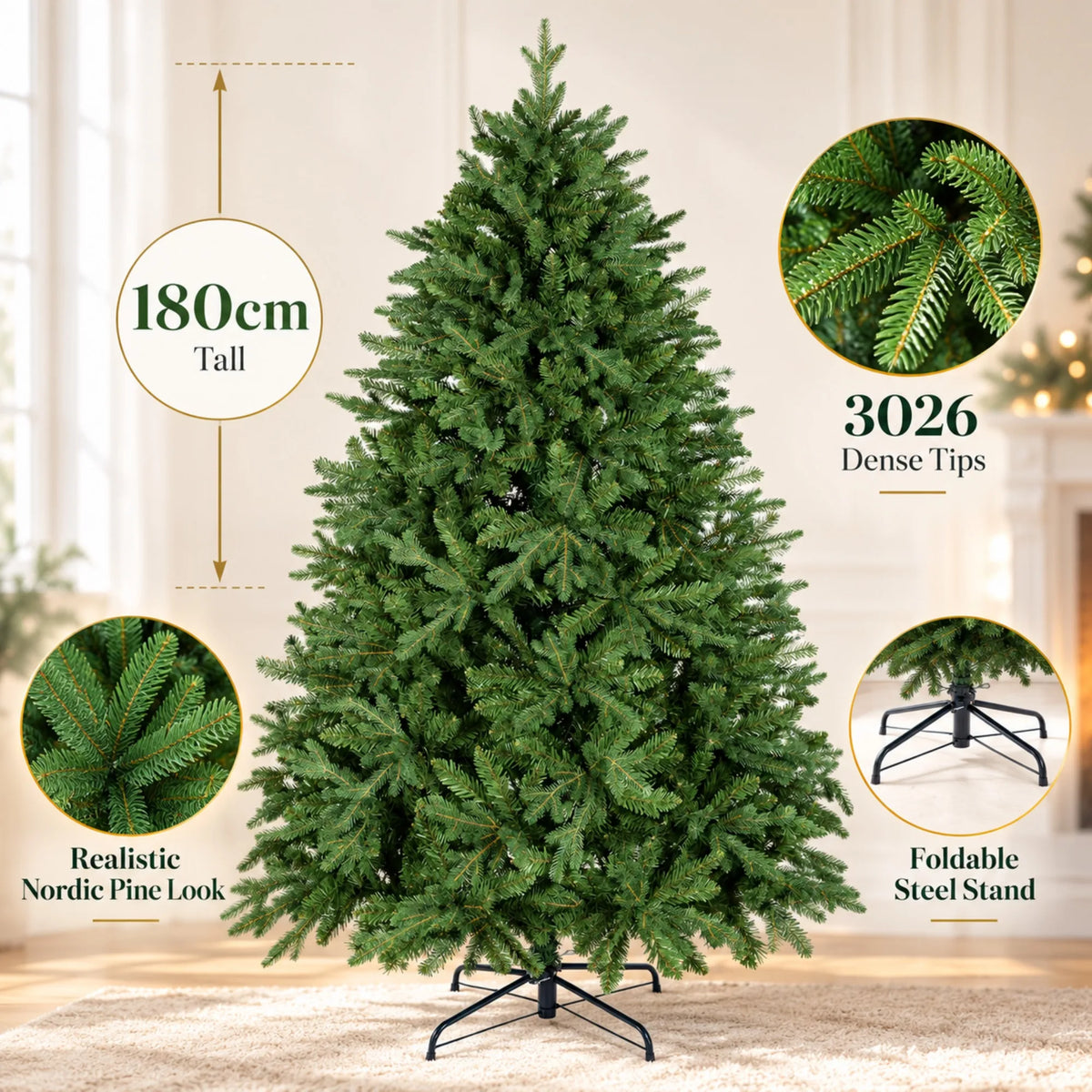 180cm Artificial Christmas Tree with 3026 Tips Realistic Nordic Pine Look Full Green Xmas Tree with Hinged Branches Flame Retardant Plastic Needles Foldable Steel Stand for Indoor Holiday Home Decor