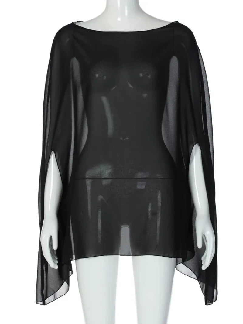 Ropa de mujer Blusas de gasa transparentes Sexys de moda Lisas Prendas para cubrirse Tops elegantes para discoteca para mujer Blanco Negro Streetwear