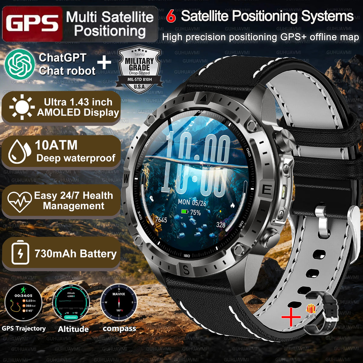 2026New Tank Grade Built in GPS SmartWatch Offline Map 10ATM Swim 2GB Music Compass Bluetooth Call Fitness Sports Smartwatch Men