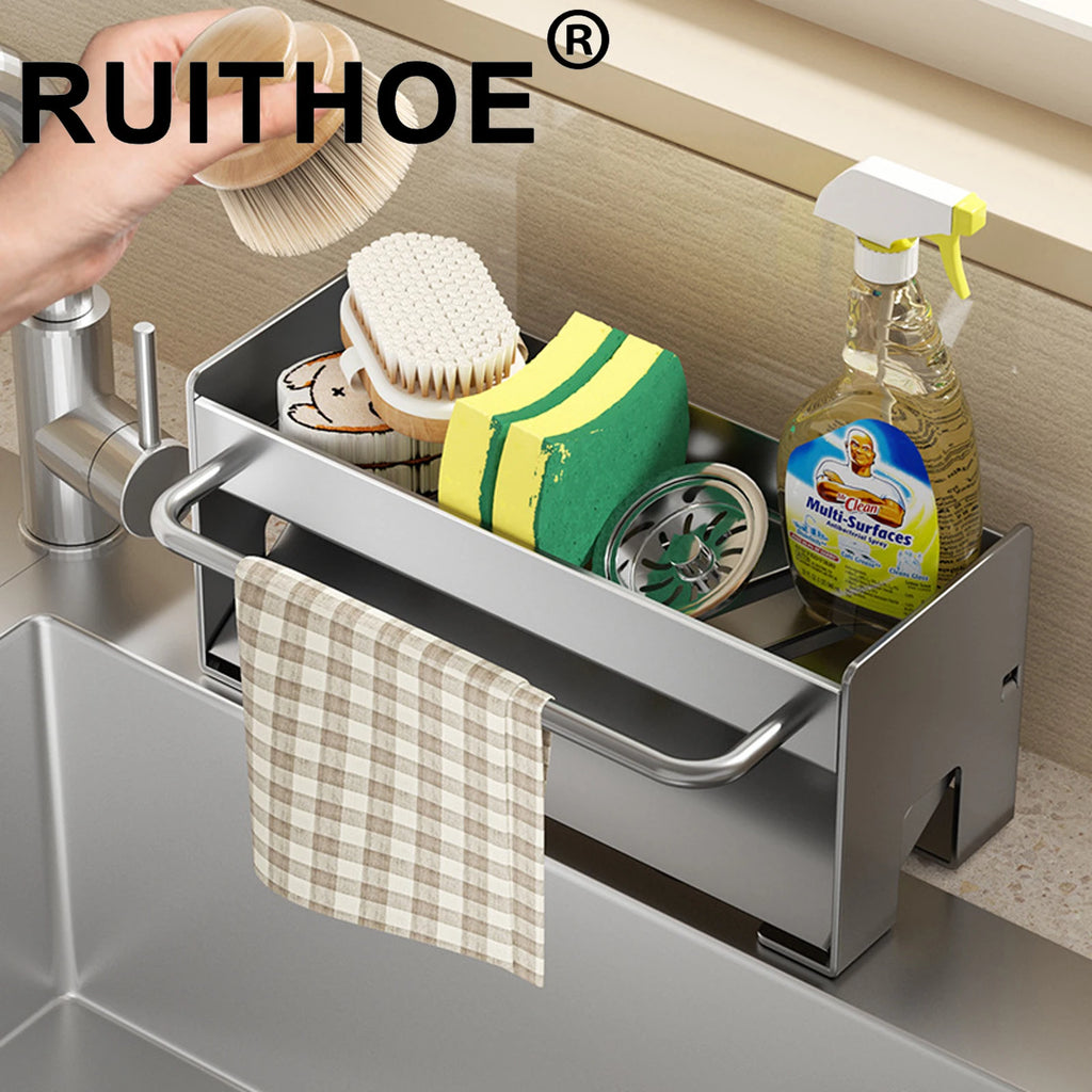 Porte-éponge de cuisine en acier au carbone, égouttoir d’évier pour savon, porte-serviette et étagère de rangement pour accessoires de salle de bain