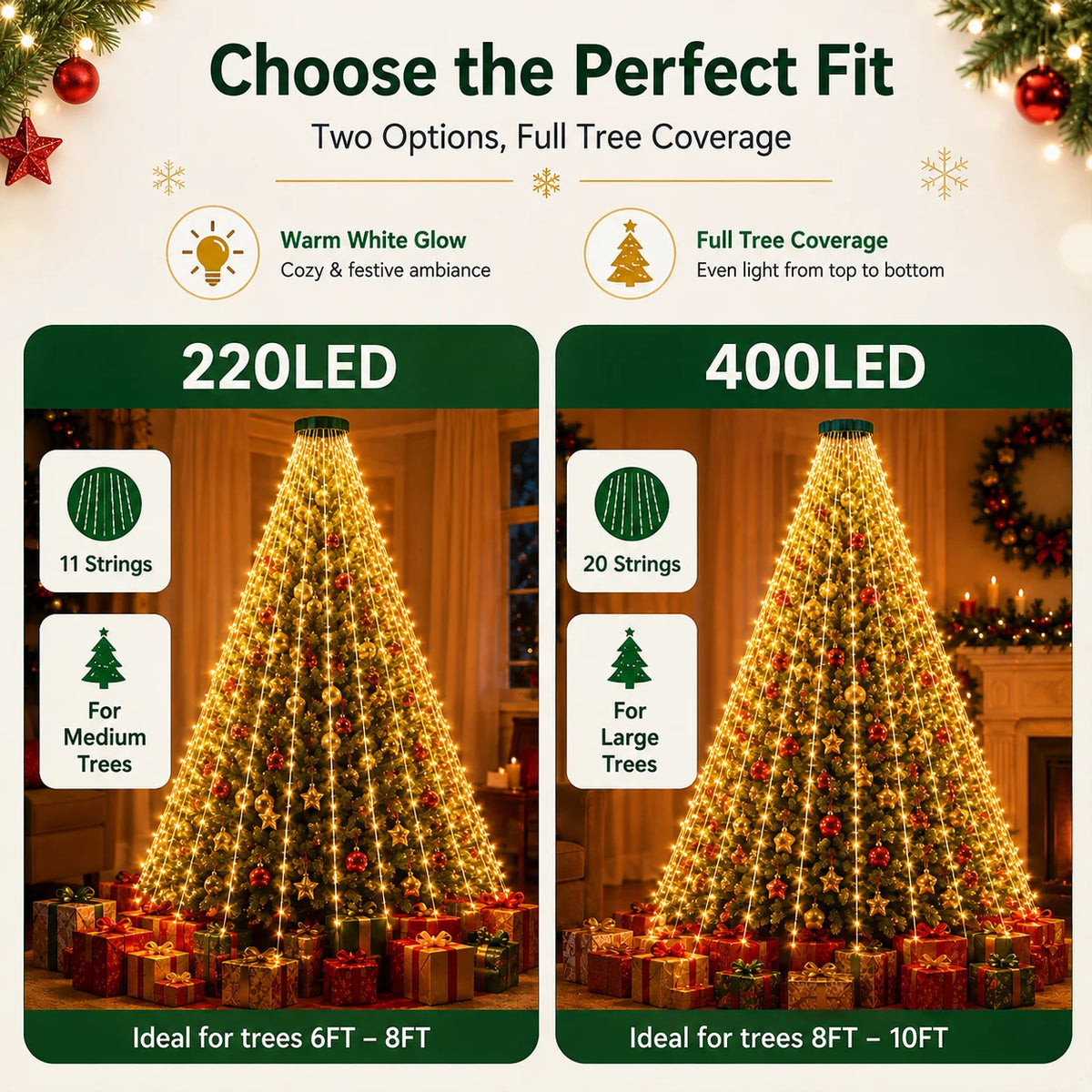 USB Christmas Tree Lights Top Ring String Lights 220/400LED 8 Modes Full Tree Coverage Easy Setup Indoor Christmas Decor