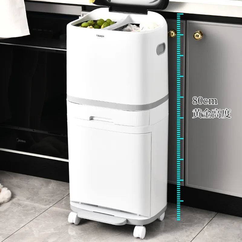 2025 Nuevo cubo de basura doméstico de alta gama para cocina de 18/26/42 L con separación de residuos húmedos y secos, con ruedas universales y cajón para clasificación de desechos