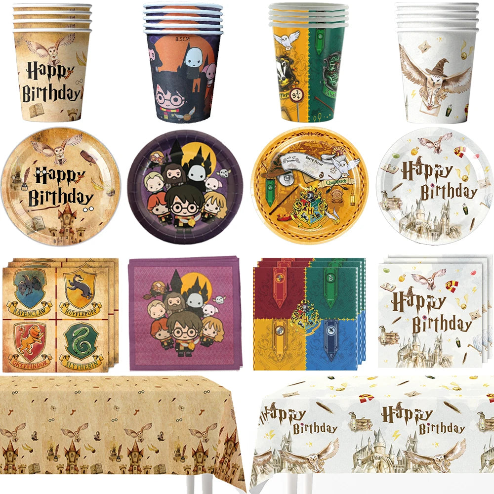 Decoración de cumpleaños con temática de academia de magia, platos, vasos, servilletas, banderín y vajilla Harries para fiestas de dibujos animados, recuerdos y regalos