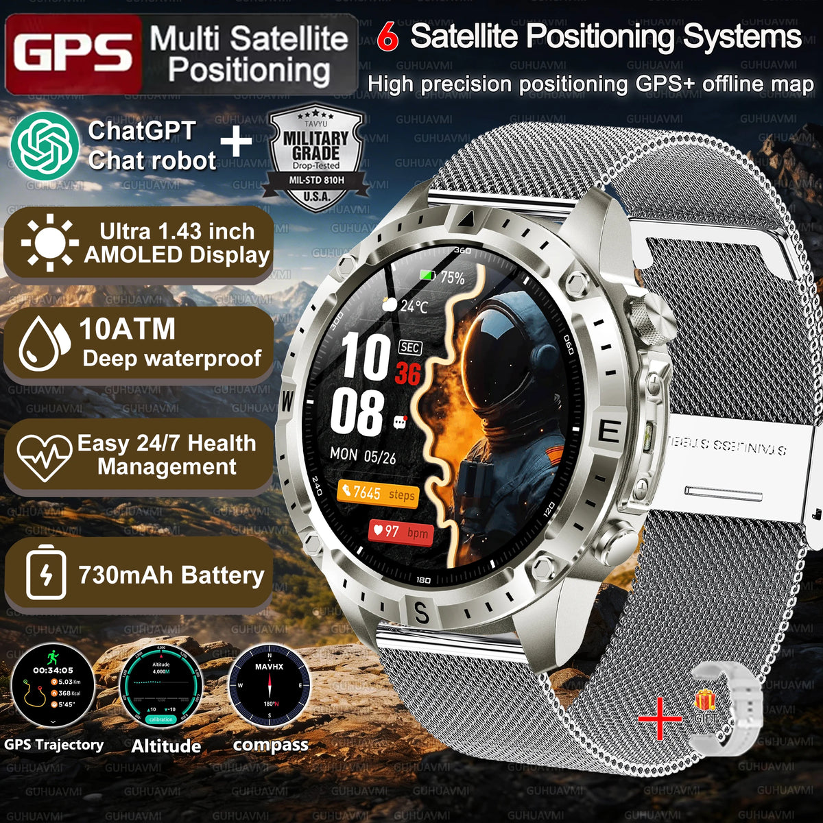 2026New Tank Grade Built in GPS SmartWatch Offline Map 10ATM Swim 2GB Music Compass Bluetooth Call Fitness Sports Smartwatch Men