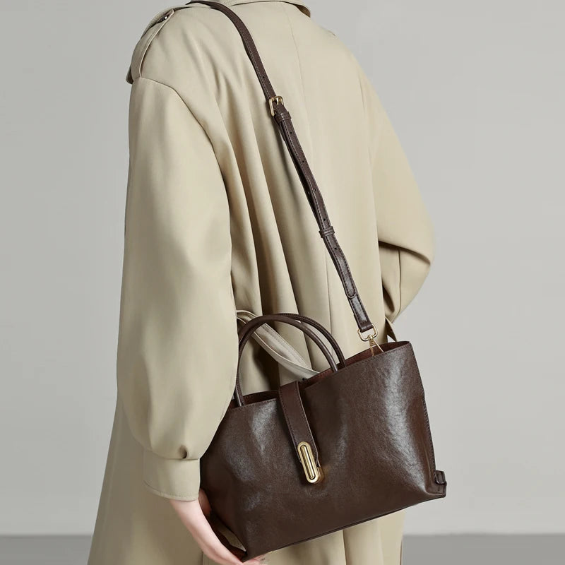Genuine Leather Women's Bags Commuter Tote Large Capacity Luxury Handbag Female Top-grain Cowhide Fashion Crossbody Bag Woman