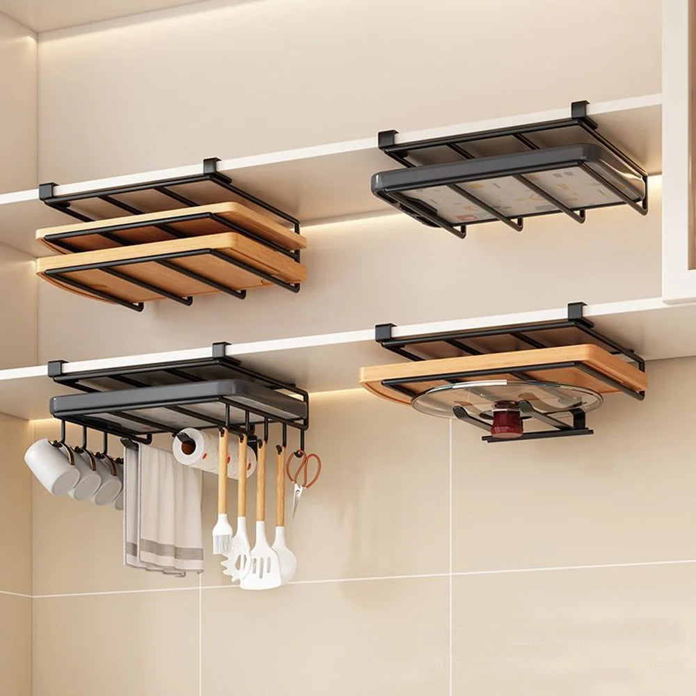 Organizador de cocina para debajo del armario con ganchos, estante de almacenamiento multiusos para toallas de papel, tabla de cortar y tapas de ollas