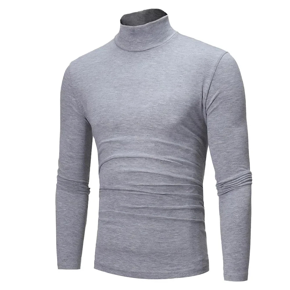 Autumn Spring Men's Bottoming Turtleneck Tops Slim Fit High Elastic Pullover Solid Color Stretchy Tees Basic Male Costume