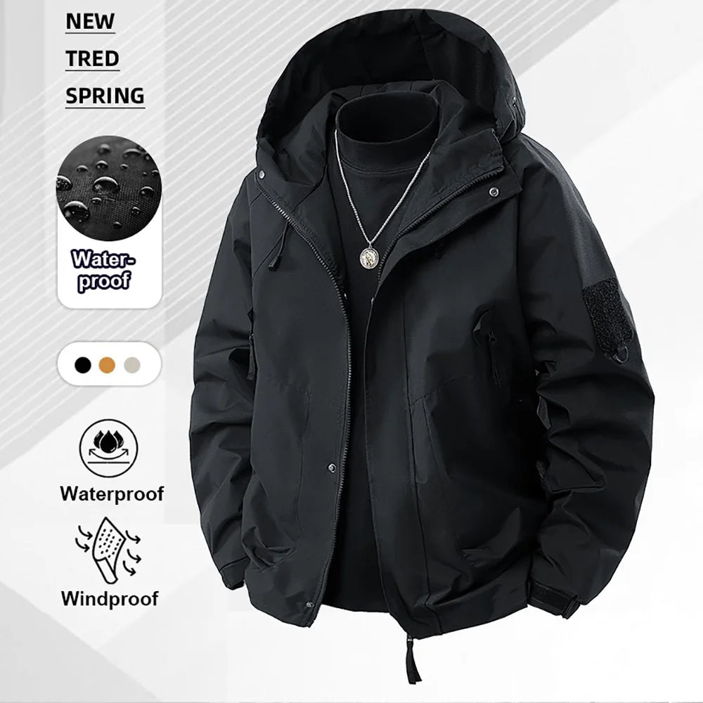 Outdoor Jacket for Men Spring New Hooded Zipper Raglan Sleeve Outwear Solid Color Camping Fishing Waterproof Windproof Jacket