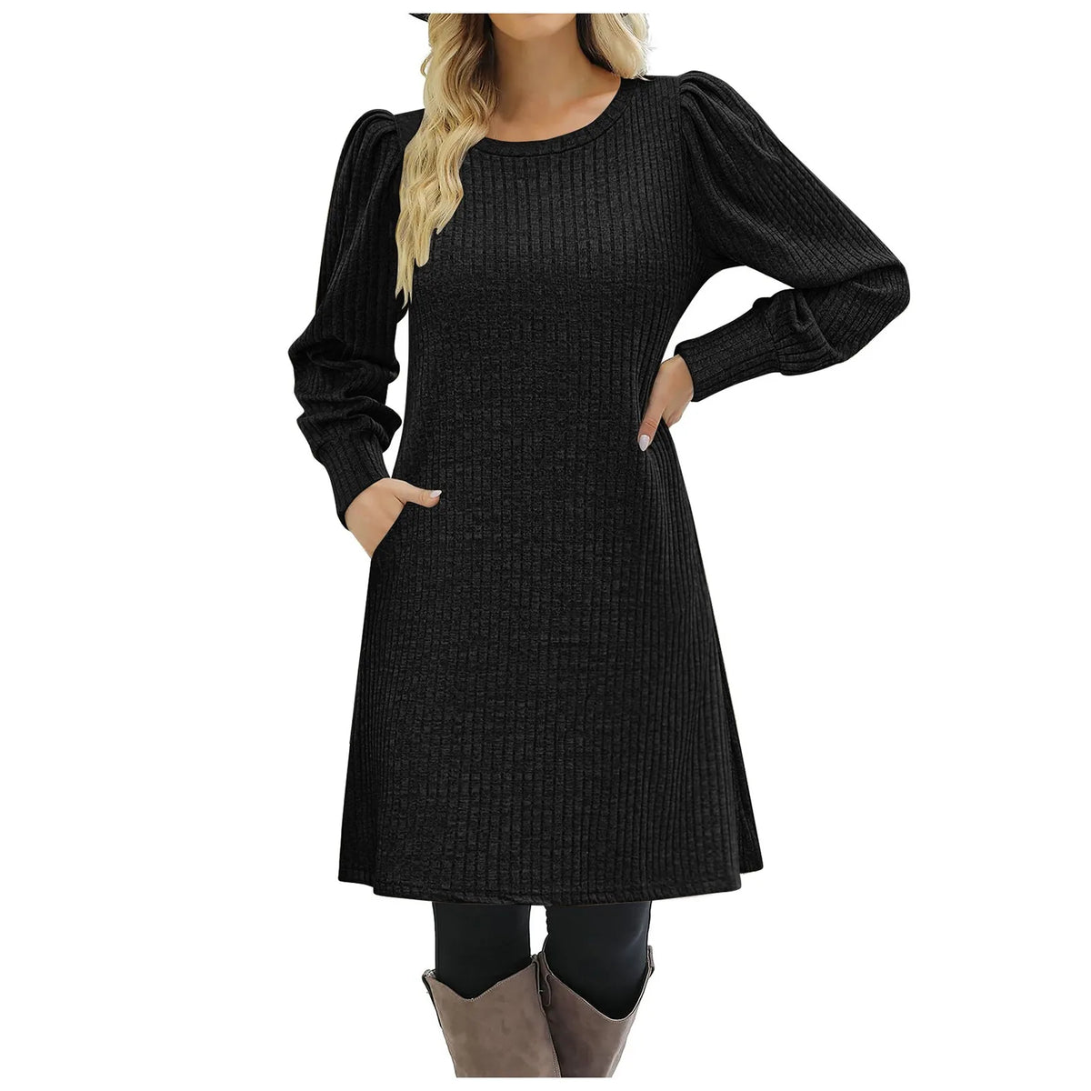 Abito in maglia da donna con tasche e maniche a sbuffo