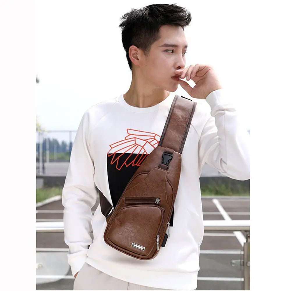 Men’s PU Shoulder Bag with USB Port Detail