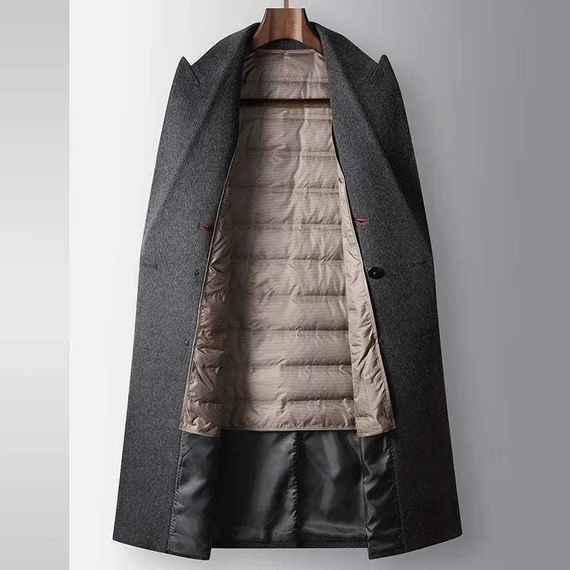 New Arrival Men's Autumn and Winter Long Style Double Breasted Detachable Down Liner Youth Business Woolen Coat Size MLXL2XL3XL