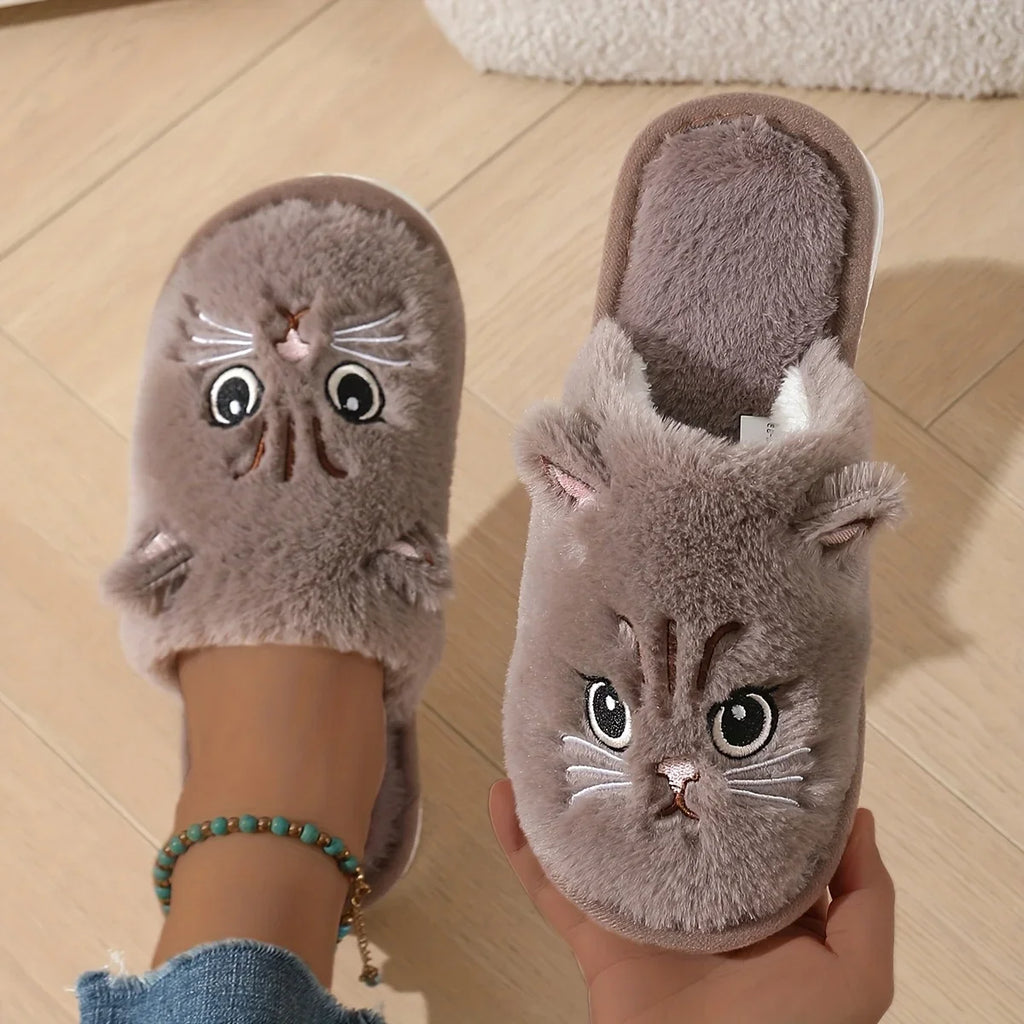 Women's Fuzzy Cat Slippers Winter Warm Cozy Indoor House Shoes With Soft Non-Slip EVA Sole Cute Animal Design For Home Use