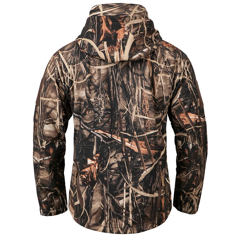 Chaqueta táctica de camuflaje de softshell silencioso para hombre, cortavientos, cálida, de forro polar, para caza, senderismo al aire libre, pesca, con capucha