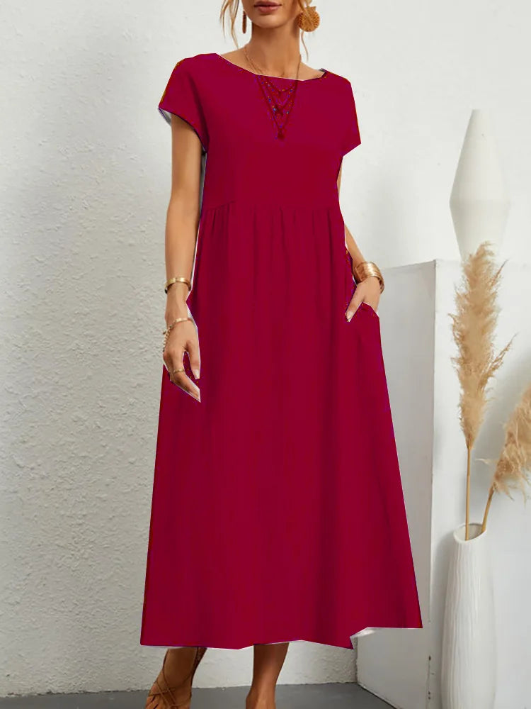 Abito midi da donna in cotone con scollo rotondo e linea morbida