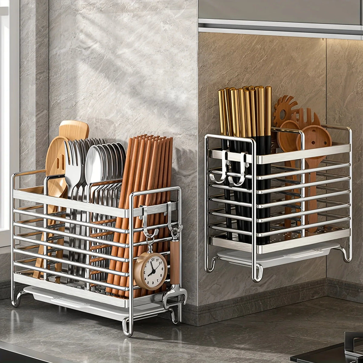 Organizador de utensilios de pared sin taladrar. Organizador de acero inoxidable que ahorra espacio para cubiertos de cocina, ideal para espacios pequeños.