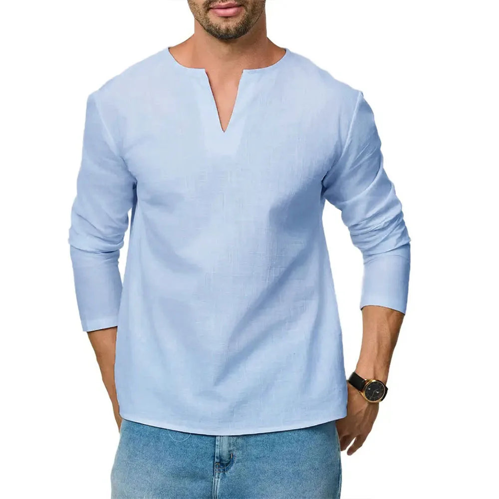 Cotton Linen T-shirt for Men Long Sleeve Breathable V-neck Tops Casual Slim Fit Solid Color Lightweight Male Cozy Tees