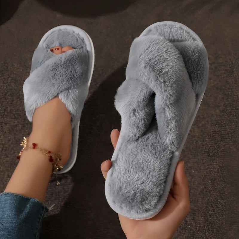Fluffige Kreuz-Plüschpantoffeln für Damen, Herbst/Winter, schlichte modische Hausschuhe, bequeme und niedliche Schuhe für drinnen