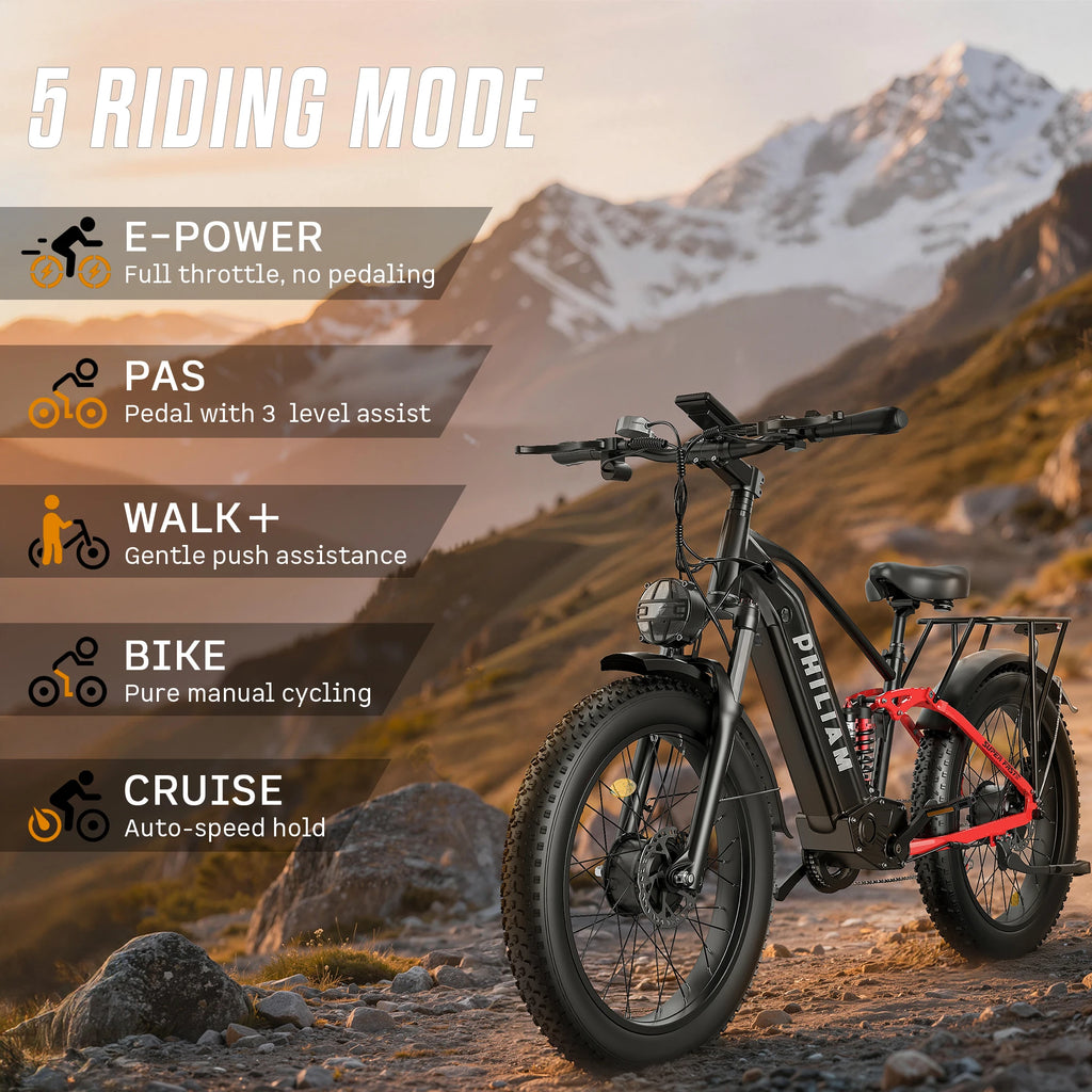 PHILIAM E-bike 3000W Dual Motor 52V 23AH Battery 60KM/H Fat Tire Electric Bike 7-Speed 4-Piston Hydraulic Brakes Adult Electric Bicycle