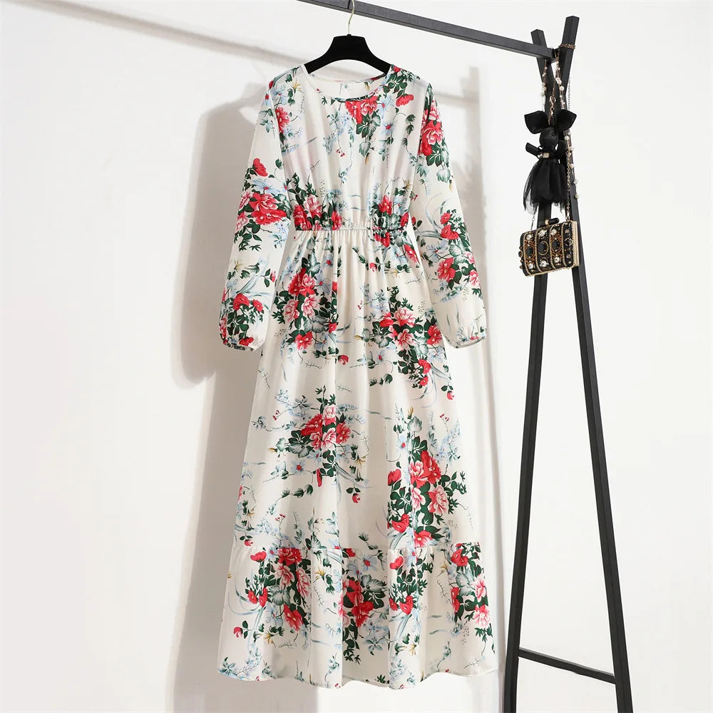 Abito lungo floreale da donna con scollo rotondo