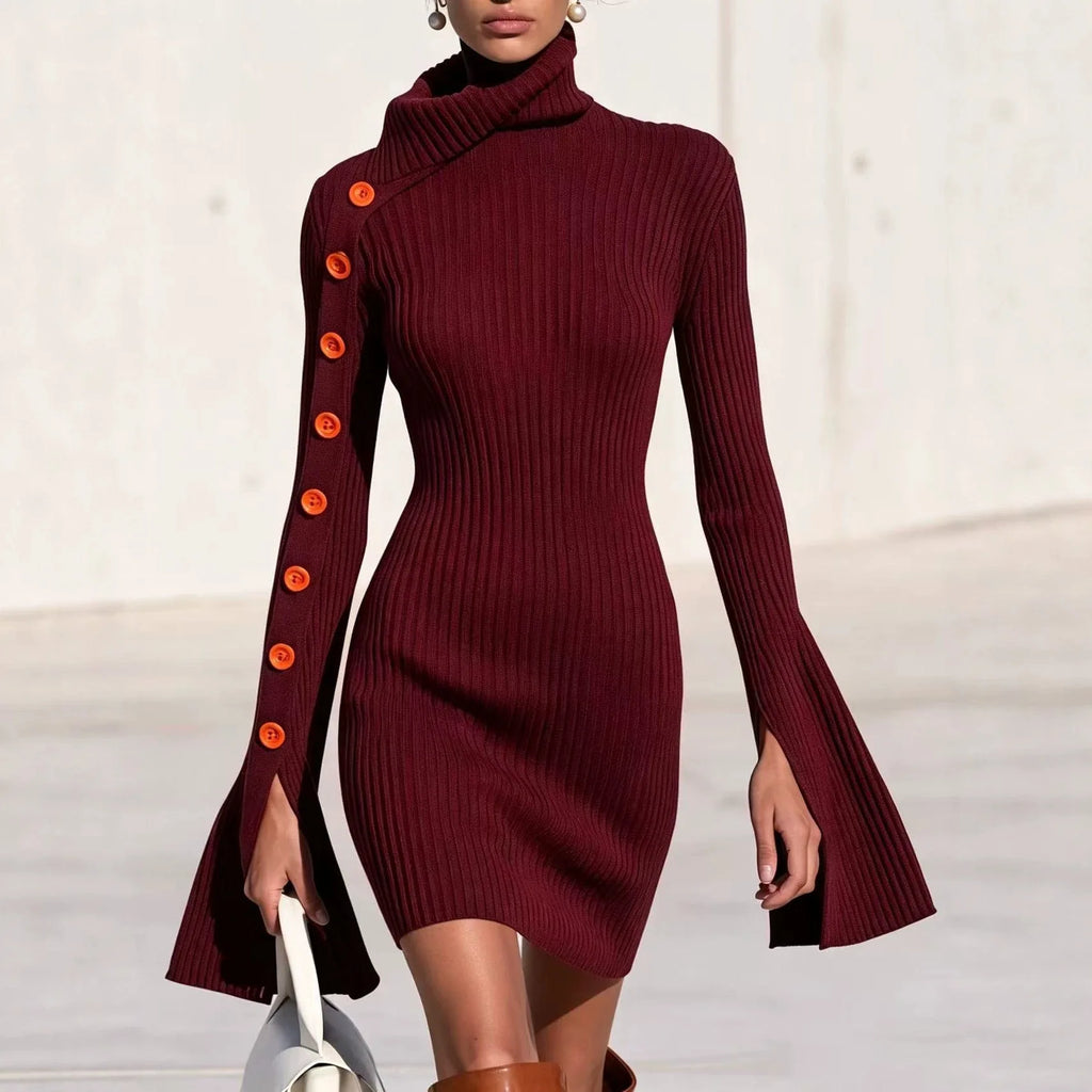 Women's Elegant Ribbed Knitted Tight Fitting Dress With High Neck Split Flared Sleeves Decorative Buttons Slim Fit Party Dress