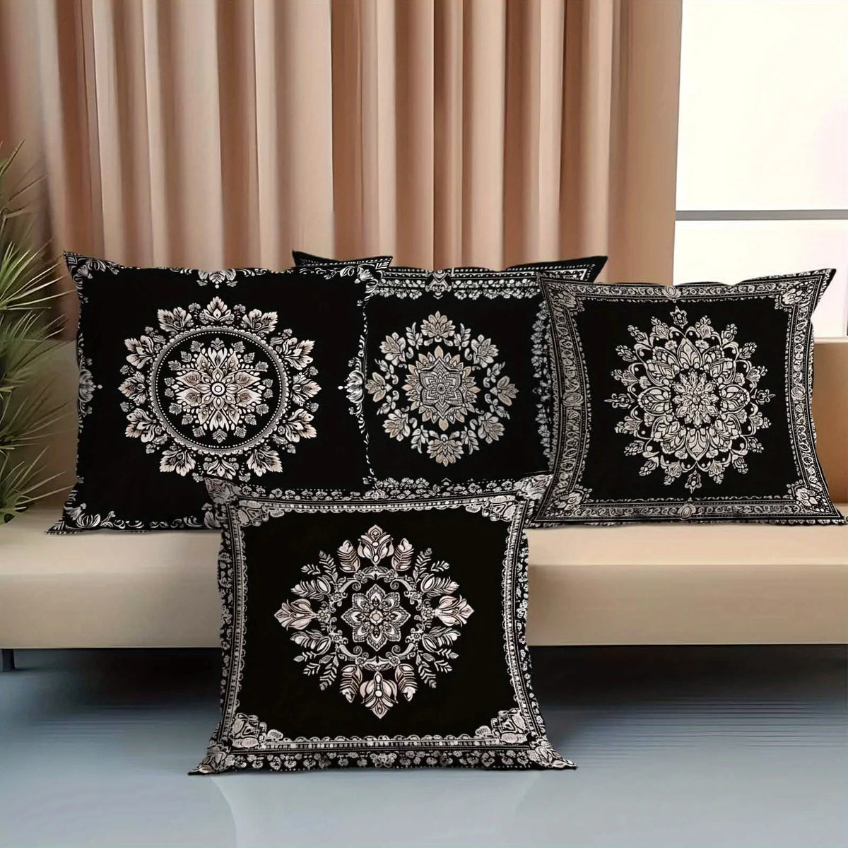 Luxuriöses schwarzes Mandala-Kissenhüllen-Set, 4-teilig, marokkanische Ethno-Kissenbezüge für Sofa, Schlafzimmer und Wohnaccessoires