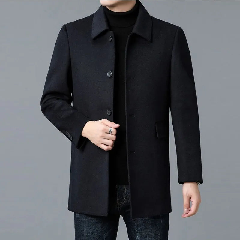 KIDWHXR 2026 Autumn Men Business Causal Wool Jacket Single-breasted Man Coat Windproof Mid Length Long Sleeve Male Outerwear