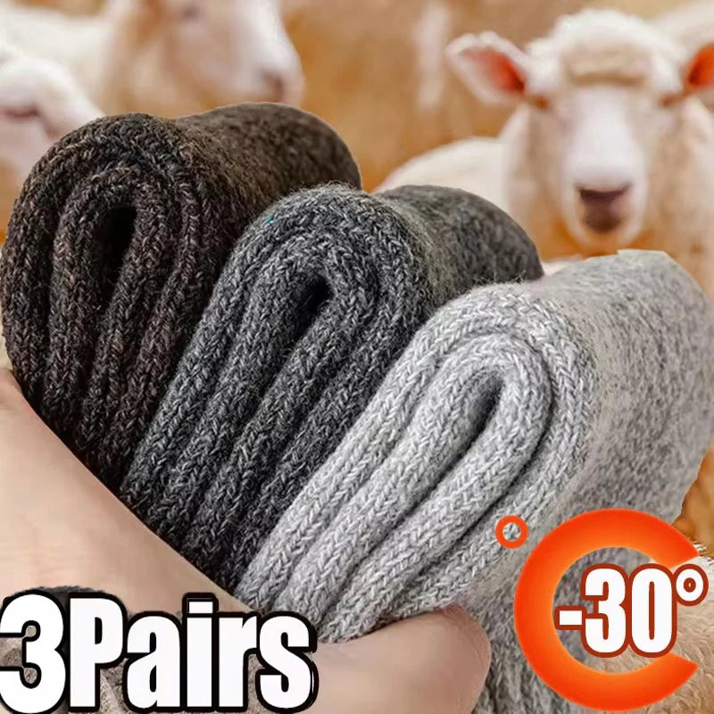 3 Pairs of Thick, Warm Winter Socks for Men, Towel-Textured Sole, Wool Slipper Socks, Merino Wool Socks for Cold and Snow, Sizes 39–44