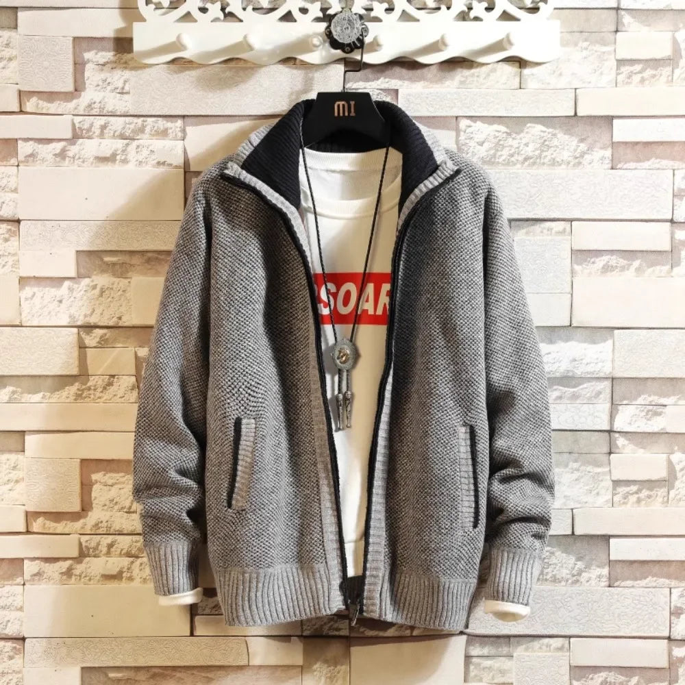 Autumn New Men's Trendy Cardigan Fleece Thicken Solid Casual Loose Sweater Men's Stand-up Collar Knitting Sweater Cardigans
