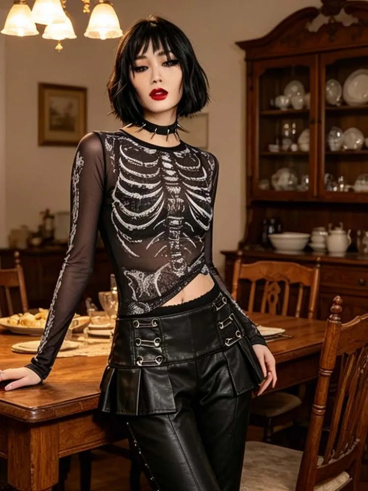 Dunkles Gothic-Punk-Shirt aus den 2000ern für Damen, Totenkopf-Muster, Rundhalsausschnitt, lange Ärmel, schwarzes Y2K-Street-Kleid