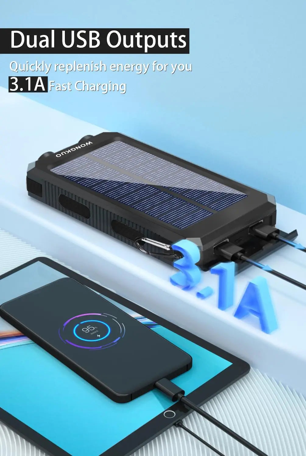 Solar Power Bank, QC3.0 Phone Charger, LED, IP65, Black | Built-in Charging Cables Dual USB Output Ports Emergency Backup Power Carabiner Clip Included Travel-Ready Portable Design