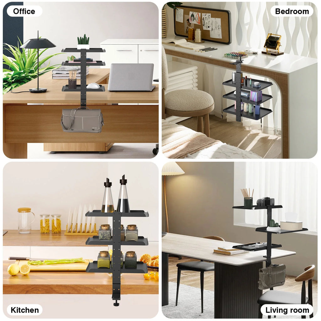Clamp-On 3-Tier Steel Desk Organizer with Headphone Hook