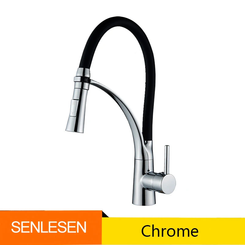 Grifo de cocina de goma negro/níquel/cromo/dorado, con caño giratorio de 360 grados y rociador extraíble, mezclador de agua fría y caliente